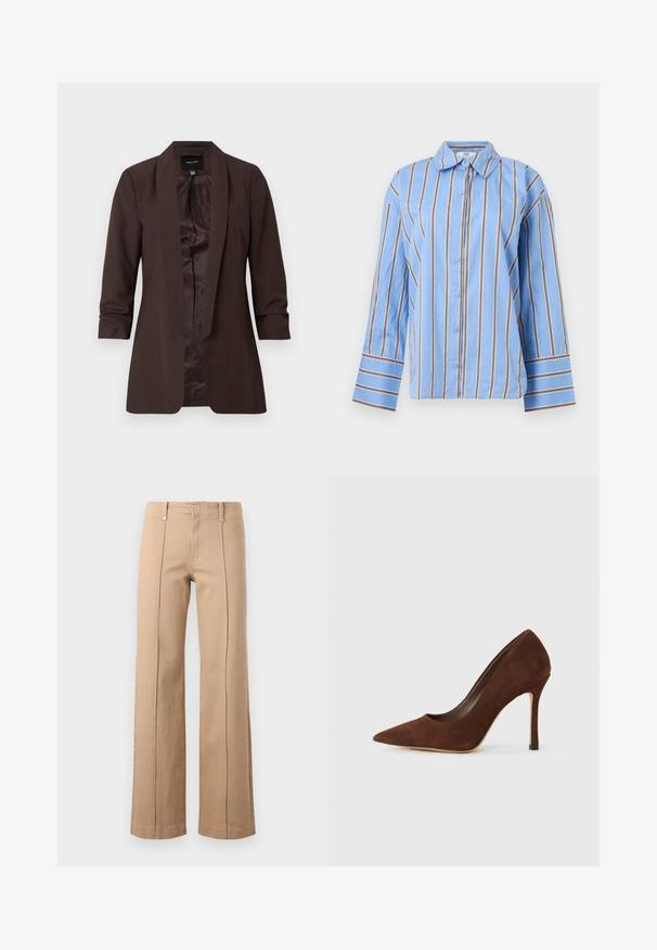 Brun blazer med lange ærmer, sjalskrave og åben front, med en glat inderforing og skræddersyet pasform.; Lyseblå skjorte med knapper, med lodrette hvide og brune striber, lange ærmer og en bred krave.; Beige bukser med lige ben, forreste midtersømme, bæltestropper og lynlåslukning på en ensfarvet lys baggrund.; Brune ruskinds spidse højhælede pumper med slank stiletto hæl, præsenteret på en hvid baggrund.