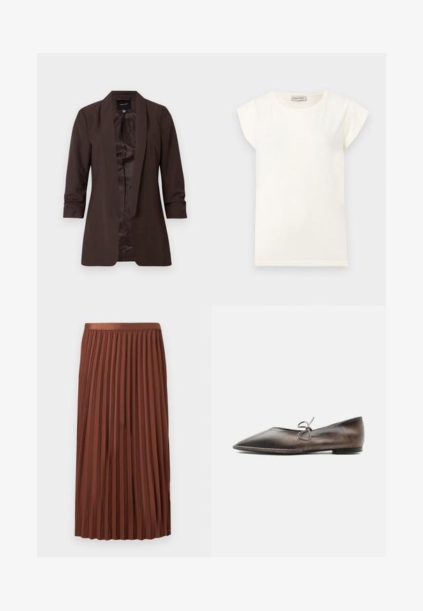 Blazer marron manches longues avec col châle et devant ouvert, doté d’une doublure intérieure lisse et d’une coupe cintrée.; T-shirt blanc à manches courtes avec un col rond et une coupe décontractée. Confectionné en tissu doux, avec une texture lisse et un design minimaliste.; Jupe plissée marron mi-longue avec taille élastique, suspendue à plat sur un fond blanc.; Chaussure plate en cuir marron à bout pointu avec un petit talon et un petit nœud noué dessus, vue de côté sur fond blanc.