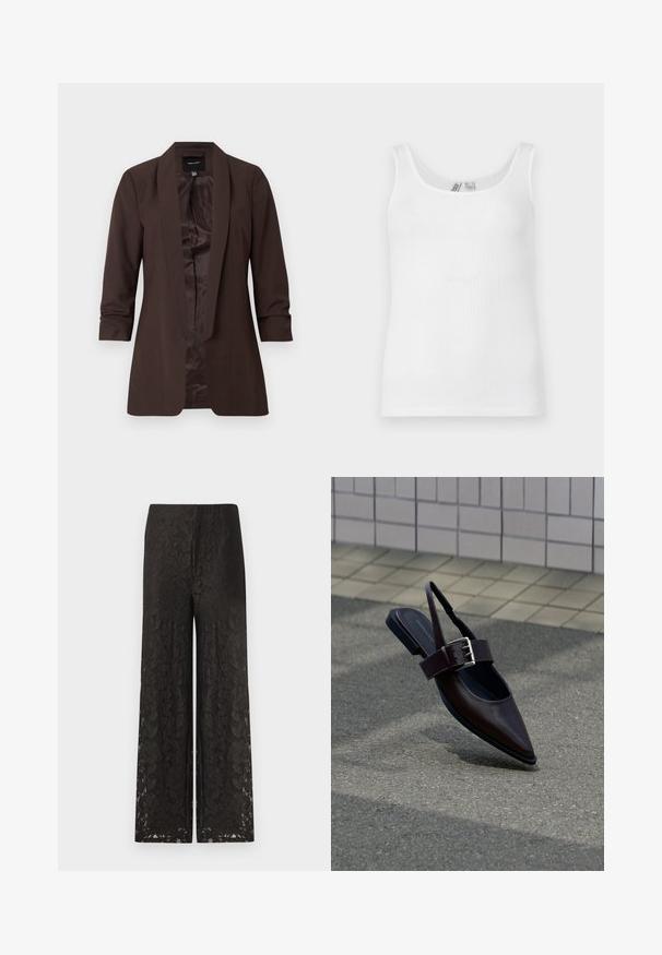 Blazer marron manches longues avec col châle et devant ouvert, doté d’une doublure intérieure lisse et d’une coupe cintrée.; Débardeur blanc côtelé sans manches avec encolure dégagée en forme de U, présenté à plat sur un fond clair.; Pantalons larges en dentelle noire avec un motif floral, surface texturée, taille haute et coupe ample pour le confort et le style.; Chaussure plate à bout pointu marron foncé avec bride arrière, large sangle et grande boucle argentée sur l'asphalte près d'un mur carrelé.