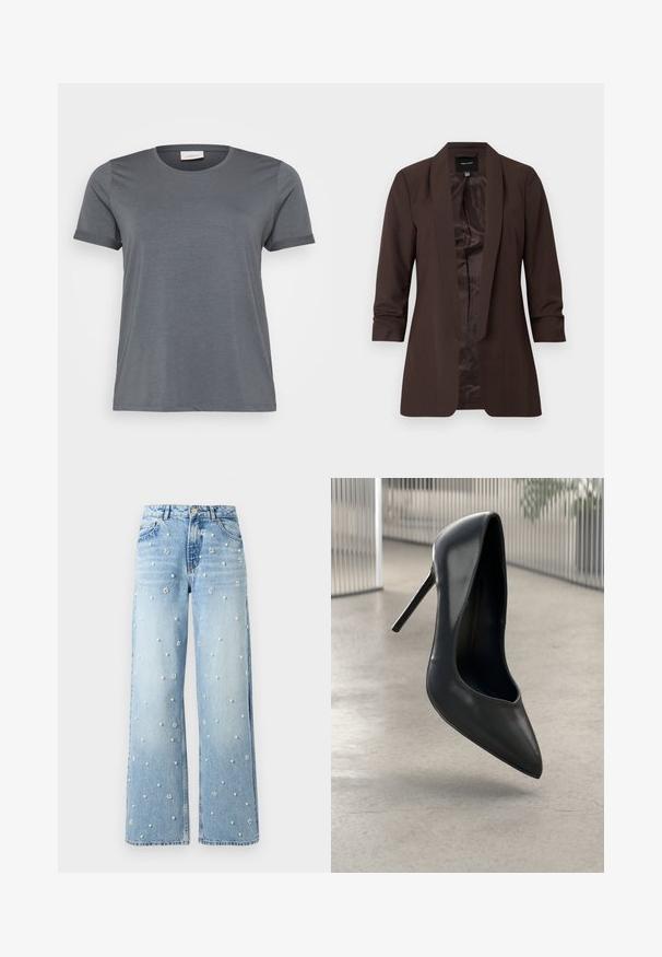 Brun blazer med lange ærmer, sjalskrave og åben front, med en glat inderforing og skræddersyet pasform.; Grå kortærmet T-shirt lavet af blødt stof, med en klassisk rund halsudskæring og oprullede ærmer. Glat tekstur uden synlige mønstre.; Lyseblå jeans med vide ben og perle- og blomsterv-formede perleudsmykninger spredt over stoffet, med knapper foran og synlige lommer.; Sorte læder højhælede pumps med spids tå, slankt design og ingen synlige hardware. Glat tekstur og minimalisisk stil.