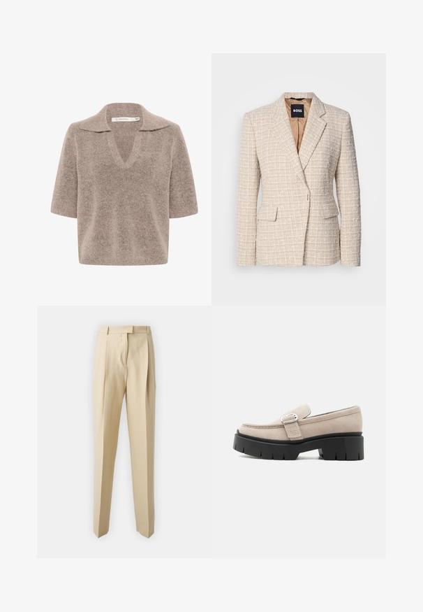 Blazer beige hecho de un tejido texturizado con un patrón de tejido, con solapas en pico, dos bolsillos frontales y un forro interior de satén.; Suéter beige de manga corta con escote en V, hecho de un material de punto suave, con un diseño de cuello y un corte relajado.; Pantalones beige ajustados con corte recto, con pliegues, cinturilla y una textura suave. Sin bolsillos visibles ni adornos.; Mocasín de ante beige con hebilla plateada y suela negra gruesa y gruesa, vista lateral sobre fondo blanco.