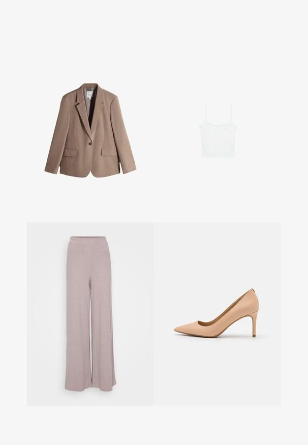 Blazer marron ajusté avec revers crantés, fermeture à un bouton et deux poches à l'avant. Tissu lisse avec une coupe structurée.; Stradivarius Débardeur - white; Pantalons évasés en tissu doux et côtelé dans une teinte mauve clair. Dotés d'une taille élastique pour le confort et d'une silhouette fluide.; Escarpin nude en cuir à talons hauts, à bout pointu, avec une texture lisse et un talon fin. Design minimaliste avec un décolleté bas.