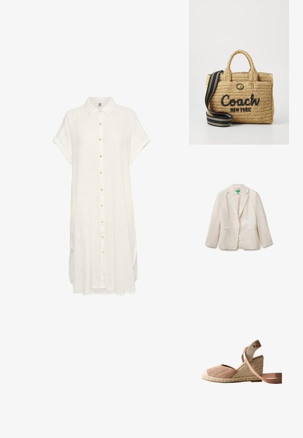 Blazer beige claro de un solo botón con solapas con muesca y dos bolsillos delanteros de ojal, presentado sobre un fondo blanco liso.; Vestido camisero blanco de manga corta, confeccionado en una suave tela texturizada. Presenta un cierre de botones en la parte delantera y un cuello clásico, con un corte relajado y aberturas laterales.; Alpargata con cuña, parte superior de tela beige y rosa tejida, suela trenzada de yute y lazo rosa para atar en el tobillo, sobre fondo blanco.; Bolso de paja trenzada con doble asa en la parte superior, logotipo bordado en negro "Coach New York", accesorios en oro y una correa de hombro a rayas desmontable.