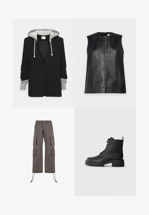 Cinq à Sept HOODED KHLOE JACKET - Blazer - black/heather grey; Top sin mangas de cuero negro con un acabado suave y una textura con puntos. Presenta un escote redondo y una cremallera central en la parte posterior.; Pantalones cargo en gris oscuro, hechos de tela resistente. Con seis bolsillos, piernas anchas y cordones ajustables en el dobladillo.; Botas de cuero negras hasta el tobillo con punta redondeada, cordones en la parte delantera y suela gruesa y estriada. Cuenta con una lengüeta en la parte trasera.