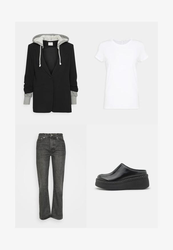 Cinq à Sept HOODED KHLOE JACKET - Blejzer - black/heather grey; Biela bavlnená tričko s krátkymi rukávmi, okrúhlym výstrihom a voľným strihom. Hladká textúra bez viditeľných vzorov alebo akcentov.; Čierne vyššie nohavice s rovnými nohami. Obsahujú klasický dizajn s piatimi vreckami a strieborné kovanie. Textúrovaná denimová látka.; Čierne lesklé platformové dreváky s zaoblenou špičkou, zakriveným vrchom a kontrastným bielym prešívaním pozdĺž okraja podrážky.