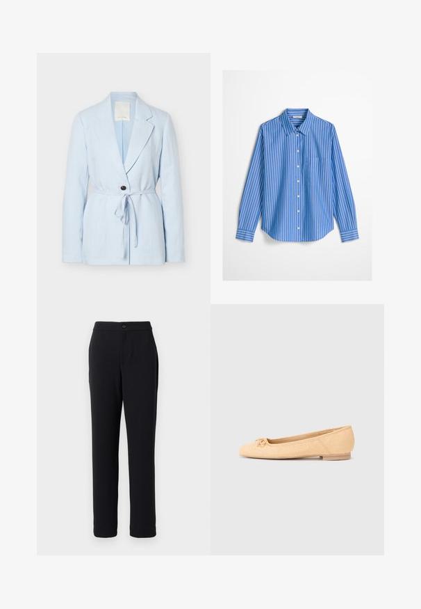 Blazer azul claro de mujer con un solo botón negro y un cinturón a juego de tela atado a la cintura, mangas largas y solapas de muesca.; Camisa de botones azul claro con rayas blancas verticales, cuello puntiagudo, mangas largas y un bolsillo en el pecho izquierdo.; Pantalones negros con un diseño de pierna recta, hechos de una tela suave. Cuentan con un cierre de botón en la parte delantera y bolsillos laterales.; Bailarinas color beige con tejido texturizado, punta redonda, detalle de lazo decorativo y un bajo tacón de madera. Diseño simple y clásico.