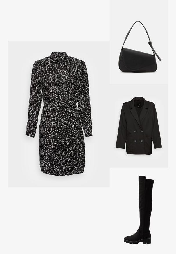 Monki Blazer - black dark; Robe noire avec un motif à pois blancs, manches longues, fermeture à boutons et taille cintrée. Tissu lisse avec un col.; Bottes noires au-dessus du genou en suede doux avec une semelle plate, dotées d'un bout rond et de panneaux élastiques sur les côtés pour un enfilage facile.; Sac à main en cuir noir de forme triangulaire, avec un rabat incliné et une poignée supérieure arrondie. Il présente une texture lisse et des détails de design minimalistes.