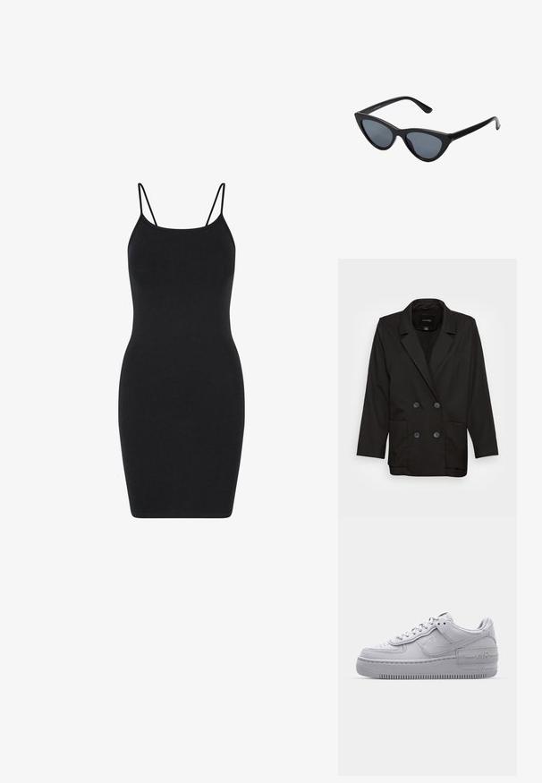 Monki Blazer - black dark; Robe noire sans manches avec des bretelles fines, design ajusté, en tissu lisse, longueur genoux avec un style simple et sans embellissement.; Basket en cuir lisse gris Nike Air Force 1 avec un bout perforé, une semelle épaisse et un détail 'AIR' en relief sur le talon.; Lunettes de soleil noires en forme d'œil de chat avec des verres gris foncé, monture en plastique élégante, coins pointus et branches droites. Pas de métal visible ni d'accents.