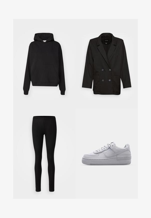 Monki Bleiser - black dark; Gina Tricot ICONIC HOODIE - Kapuutsiga pusa - black; Mustad mustad, pehmest ja venivast kangast. Neil on kitsas lõige, elastne vöökoht ja sile, mati tekstuur.; Hallitus hallid Nike Air Force 1 sneakerid, millel on augustatud varvas, siledast nahast ülemine osa, paks tall ning reljeefne 'AIR' detail kontsapadjal.