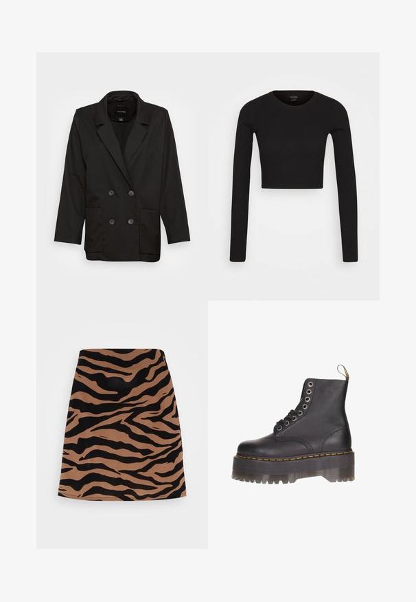 Monki Blejzer - black dark; Monki Top s dlhým rukávom - black dark; Vero Moda VMSHILAH NAJA SHORT SKIRT - sukňa v tvare A - brown lentil/perla; Čierne kožené členkové topánky so šiestimi očkami na šnurovanie, žltým vyšívaním a priehľadnou platformou so zúbkovaným okrajom.