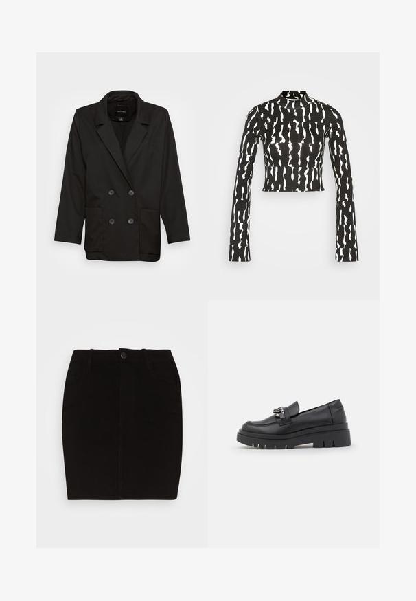 Monki Blazer - black dark; Monki T-shirt à manches longues - black; Pieces PCSKIN SLIM SHORT SKIRT - Minijupe - black; Chaussure de type mocassin noire avec une semelle plate-forme épaisse, tige en cuir lisse, accent de chaîne décoratif et léger talon avec un détail en encoches.