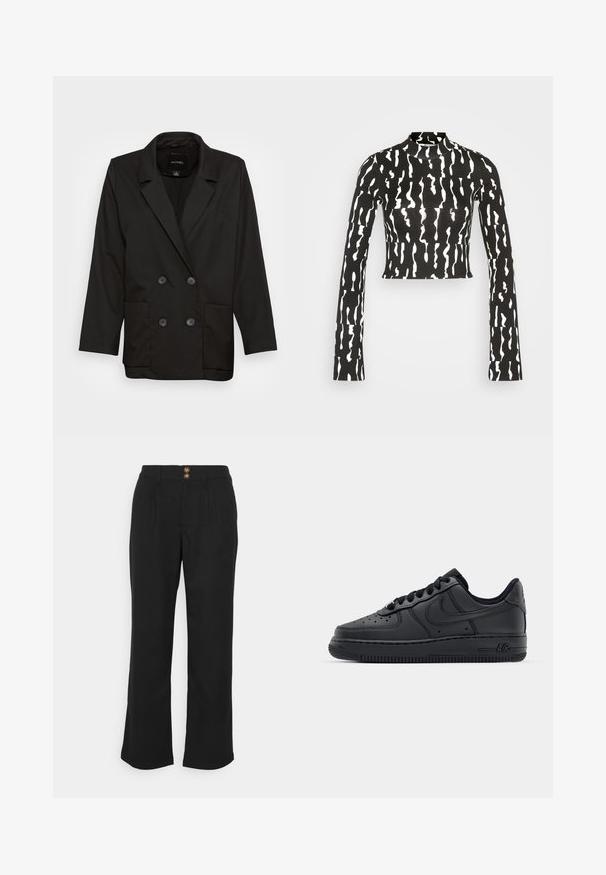 Monki Blejzer - black dark; Monki Top s dlhým rukávom - black; Hollister Co. DAD TROUSER - Nohavice - black; Čierne kožené tenisky s perforovanou špičkou, plochými šnúrami a gumovou podrážkou. Obsahujú malé logo na boku a textúrované detaily.