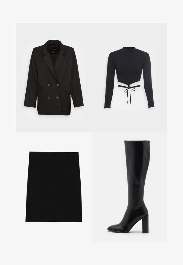 Monki Blazer - black dark; Even&Odd T-shirt à manches longues - black; Mini-jupe noire en tissu doux avec une coupe ajustée, présentant une légère fente sur le côté pour plus de style.; Bottes en cuir noir jusqu'au genou avec un bout pointu et un talon épais. Texture lisse avec des accents minimaux et un design de tige ajustée.
