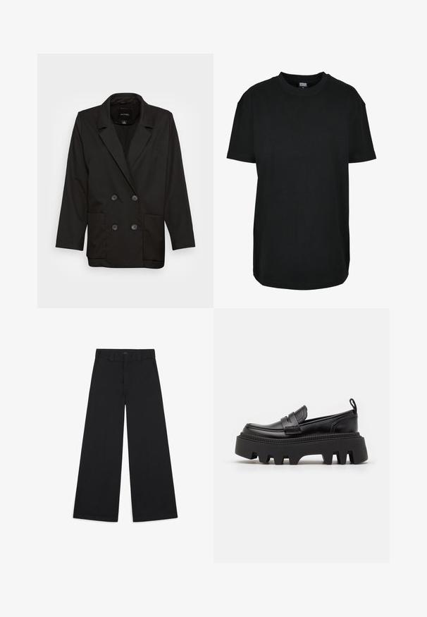 Monki Blejzer - black dark; Čierne tričko s krátkym rukávom a okrúhlym výstrihom vo veľkosti XS s nápisom "Urban Classics" na vnútornej strane goliera.; Široké čierne nohavice vyrobené z mäkkej, tkaninovej látky. Obsahujú prežehlené záhyby, pútka na opasok a čistý, upravený vzhľad.; Čierne kožené mokasíny s masívnou čiernou gumovou podrážkou, s protišmykovými drážkami a dekoratívnym pásom cez prednú časť.