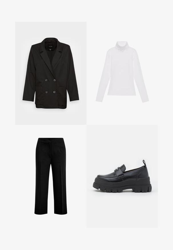 Monki Blejzer - black dark; Biely dlhý rukáv v štýle roláka vyrobený z hladkej, elastickej tkaniny. Má vysoký golier a priliehavý strih, bez viditeľných vzorov alebo ozdôb.; Čierne nohavice s širokými nohavicami vyrobené z hladkej tkaniny, ktoré majú dva predné vrecká a plochý pás. Strih s čistou siluetou.; Čierny kožený mokasín s hrubou ryhovanou podrážkou, švy typu mok toe, detail popruhu na vrchu a pruh na päte, zobrazený z profilu.
