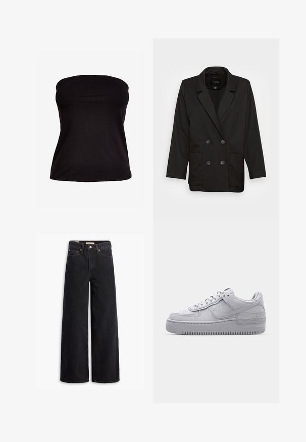 Monki Bleiser - black dark; Mustmust ilma rihmadeta topp, valmistatud venivast kangast. Sile tekstuur ja istuv siluett, nähtavaid õmblusi või kaunistusi pole.; Mustad laiad teksad, mis on valmistatud denimist, viie tasku, vase nuppe ja klassikalise nööbiga kinnitusega. Sile tekstuur ja puhas disain.; Hallitus hallid Nike Air Force 1 sneakerid, millel on augustatud varvas, siledast nahast ülemine osa, paks tall ning reljeefne 'AIR' detail kontsapadjal.