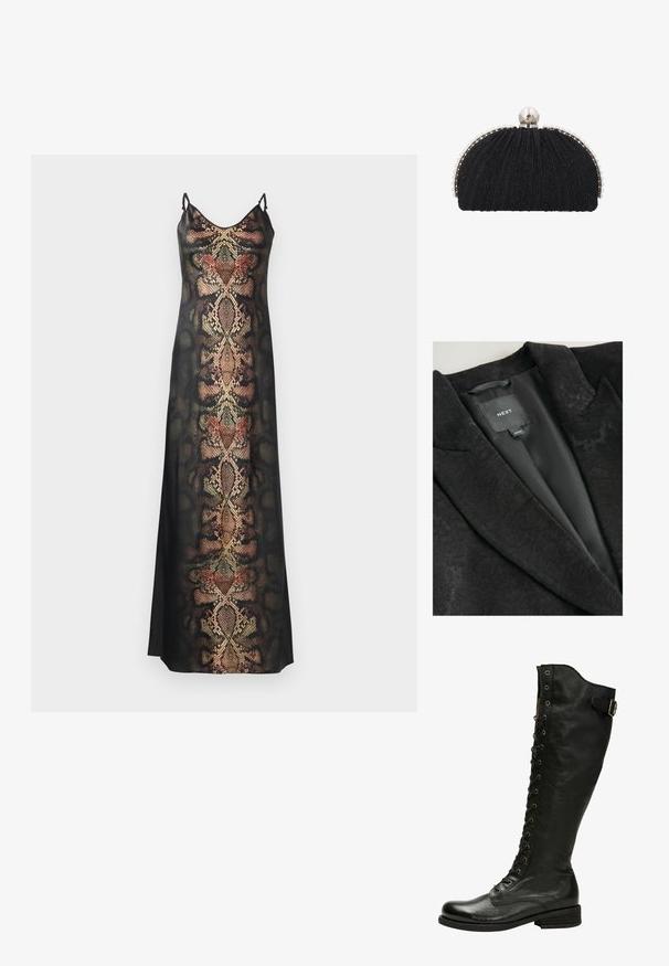 Zwarte blazer met een gestructureerd bloemenpatroon, voorzien van een satijnen binnenvoering, notch-lapels en een ingenaaide merklabel.; Zwarte slipdress met een slangenhuidpatroon in aardetinten en metallic accenten, met dunne verstelbare bandjes en een gladde textuur.; Zwarte leren kniehoog laars met vetersluiting aan de voorkant, zilveren oogjes en een bucklet aan de zijkant. Heeft een gestructureerde afwerking en een gestapelde hak.; Zwarte avondclutch met gestructureerde stof, omlijst door een rij kleine parels en een grote parelsluiting bovenop.