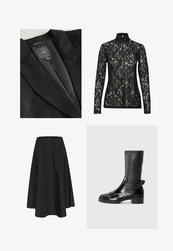 Sort blazer med et tekstureret blomster mønster, udstyret med en satin indvendig foring, gule lapeller og et syet mærke.; Sort blondelace turtleneck top med lange ærmer, der har et indviklet blomstermønster og en bølget halsudskæring. Gennemsigtigt, struktureret stof.; Sort knælang nederdel med elastisk talje, der har plisseringer for volumen og en glat tekstur. Enkel, klassisk design uden udsmykninger.; Sort ankelstøvle med en glat læderoverdel, brogue-detaljer, rund tå og en mellemhøj blokhæl. Har en blød, struktureret skaft.