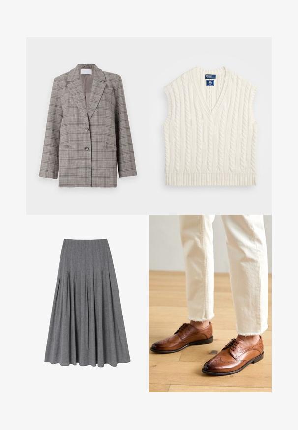 Blazer à carreaux gris avec un design structuré, des revers en pointe, une fermeture à double bouton et deux poches avant. Fabriqué en tissu texturé.; Gilet sans manches en tricot torsadé crème avec un col en V et une finition côtelée. Présente un motif texturé et une étiquette logo sur le col.; Jupe plissée grise en tissu léger. Présente une taille cintrée et s'évasent doucement vers l'ourlet avec une texture lisse.; Chaussures brogues en cuir marron avec des détails perforés, bout arrondi et finition lisse, associées à un pantalon crème à ourlet effiloché.