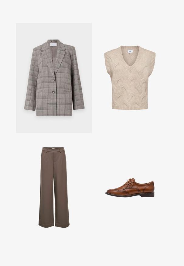 Blazer à carreaux gris avec un design structuré, des revers en pointe, une fermeture à double bouton et deux poches avant. Fabriqué en tissu texturé.; Gilet sans manches en maille torsadée beige avec col en V et bord-côtes, tissu doux texturé en mélange de laine de la marque Nümph.; Pantalons larges en tissu doux marron. Dotés d'une taille haute, de deux poches avant et d'une texture lisse avec un design décontracté.; Chaussure Oxford brogue en cuir marron avec détails à bout ailé, perforations, lacets et talon bas empilé sur fond blanc.