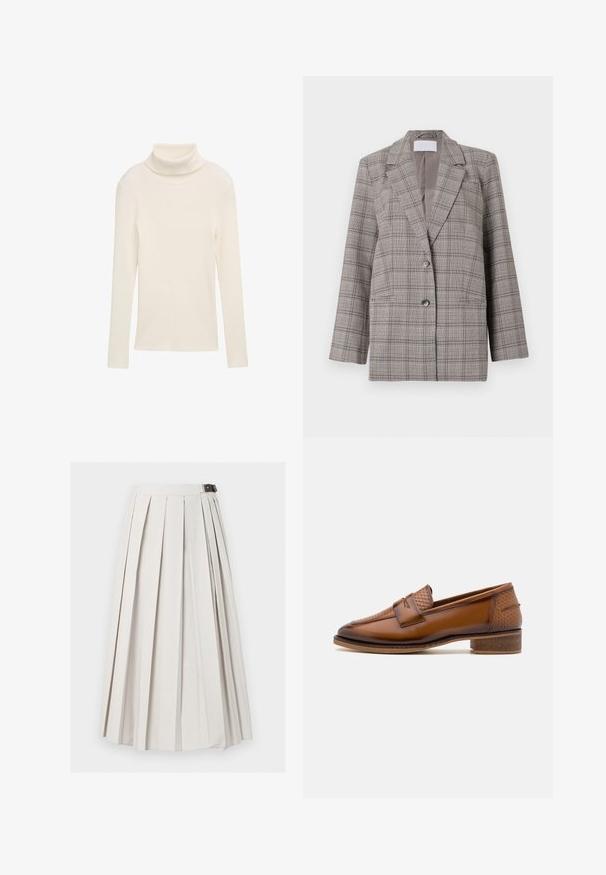 Grijze geblokte blazer met een gestructureerd ontwerp, pieklapels, dubbele knoopsluiting en twee voorzakken. Gemaakt van een textuurstof.; Creme trui met een col, gemaakt van ribbelstof. Lange mouwen en een getailleerde silhouette. Geen zichtbare patronen of hardwareaccenten.; Lange witte geplooide rok met een zij gesp sluiting, plat weergegeven tegen een witte achtergrond.; Bruine leren loafers met een gewoven voorpaneel, ronde neus en lage, gestapelde hak. Glad oppervlak met subtiele stiksels.