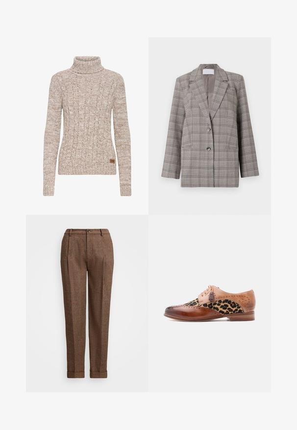 Blazer à carreaux gris avec un design structuré, des revers en pointe, une fermeture à double bouton et deux poches avant. Fabriqué en tissu texturé.; Pull à col roulé en tricot marbré beige et brun clair avec motifs torsadés et une petite étiquette de marque brune sur le côté inférieur.; Pantalons à carreaux marron avec une coupe ajustée, présentant des plis, une fermeture à bouton et des ourlets retroussés. Tissu texturé avec des accents orange.; Chaussure de ville en cuir marron avec panneau en tissu imprimé léopard, détails brogue, lacets à pampilles et petit talon en bois.