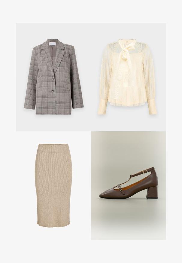 Blazer de cuadros gris con un diseño estructurado, solapas en pico, cierre de doble botón y dos bolsillos frontales. Fabricado en tejido texturizado.; Blusa color crema clara hecha de encaje con un detalle de lazo en el cuello, mangas largas transparentes y puños abotonados. Patrón floral texturizado en toda la prenda.; Falda de punto en color beige claro con textura de canalé vertical, de longitud a la rodilla, con cintura elástica y corte recto.; Zapato marrón de piel con tira en T, tacón bajo de bloque, puntera puntiaguda y dos pequeños cierres de hebilla dorados en las correas.