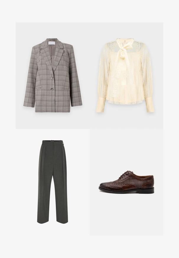 Sivý károvaný blazer so štruktúrovaným dizajnom, špicatými klopami, dvojitým zapínaním a dvoma prednými vreckami. Vyrobený z textúrovanej tkaniny.; Svetložltá blúzka z čipky s detailom mašle na krku, priehľadné dlhé rukávy a manžety na gombíky. Celá s textúrovaným kvetinovým vzorom.; Sivé široké nohavice z textúrovaného materiálu s vysokým pásom a záhybmi vpredu. Dizajn zahŕňa hladký pás a žiadne viditeľné zapínanie.; Hnedá kožená pánska elegantná obuv wingtip so vzorom brogue a károvanými látkovými bočnými panelmi, zobrazená z boku na bielom pozadí.