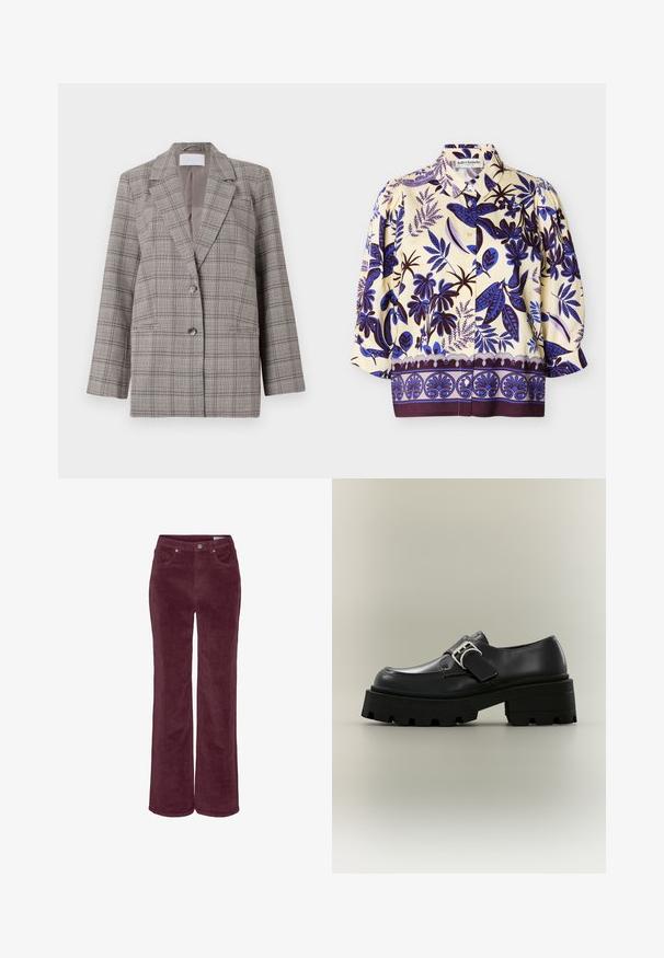 Sivý károvaný blazer so štruktúrovaným dizajnom, špicatými klopami, dvojitým zapínaním a dvoma prednými vreckami. Vyrobený z textúrovanej tkaniny.; Krémová blúzka s modrými a fialovými kvetinovými a listovými vzormi, zapínaním na gombíky vpredu, nadýchanými trojštvrťovými rukávmi a zaobleným lemom.; Manžestráky s rozšíreným strihom nohavíc, v hlbokej bordovej farbe. Majú predné vrecká a pútka na opasok, textúrovaný povrch látky.; Čierny kožený mokasín s masívnou podrážkou so vzorom a strieborným remienkom so sponou, vyfotografovaný na jednofarebnom svetlo sivom pozadí.