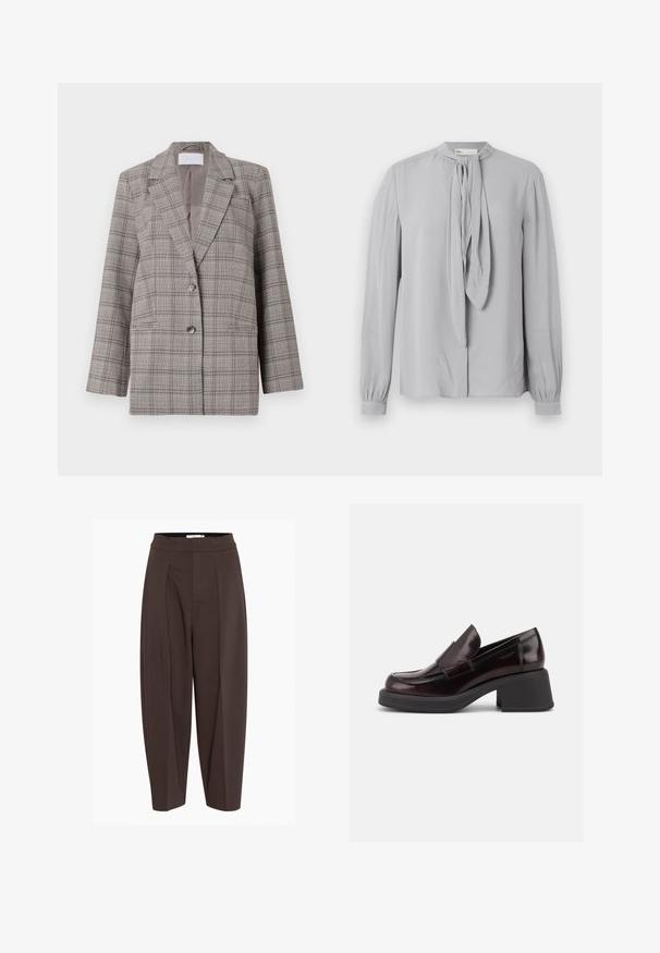 Sivý károvaný blazer so štruktúrovaným dizajnom, špicatými klopami, dvojitým zapínaním a dvoma prednými vreckami. Vyrobený z textúrovanej tkaniny.; Svetlosivá blúzka s dlhými rukávmi, vysokým golierom a detailom viazania vpredu, s nazberanými manžetami a hladkou textúrou látky.; Hnedé plisované nohavice s vysokým pásom, vyrobené z hladkej, štruktúrovanej látky a so zúženými nohavicami, ktoré ponúkajú uvoľnený strih.; Tmavohnedý kožený mokasín s masívnym čiernym blokovým podpätkom a širokým remienkom vpredu, zobrazený z boku na bielom pozadí.