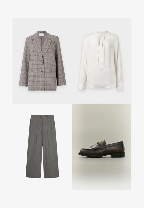 Blazer à carreaux gris avec un design structuré, des revers en pointe, une fermeture à double bouton et deux poches avant. Fabriqué en tissu texturé.; Blouse blanche à manches longues avec un col rond et une fermeture à nouer. Présente une bordure texturée sur le devant et les poignets. Finition en tissu lisse.; Pantalon gris à rayures avec un design à jambes larges, présentant un devant plat et deux poches latérales, fabriqué en tissu lisse.; Mocassin en cuir marron foncé avec détail à franges et boucle dorée sur semelle noire, vu de côté sur un fond neutre.