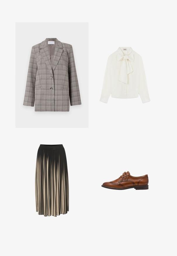 Grau karierter Blazer mit strukturiertem Design, Spitzrevers, doppelter Knopfverschluss und zwei Vordertaschen. Hergestellt aus strukturiertem Stoff.; Rodier TIE NECK - Hemdbluse - blanc; Faltender Midirock in Schwarz und Beige mit einem hohen elastischen Bund, der vertikale Streifen aufweist und ein fließendes Design für Bewegungsfreiheit bietet.; Brauner Leder-Brogue Oxford-Schuh mit Flügelspitzen-Details, Perforationen, Schnürsenkeln und niedrigem gestapeltem Absatz auf weißem Hintergrund.