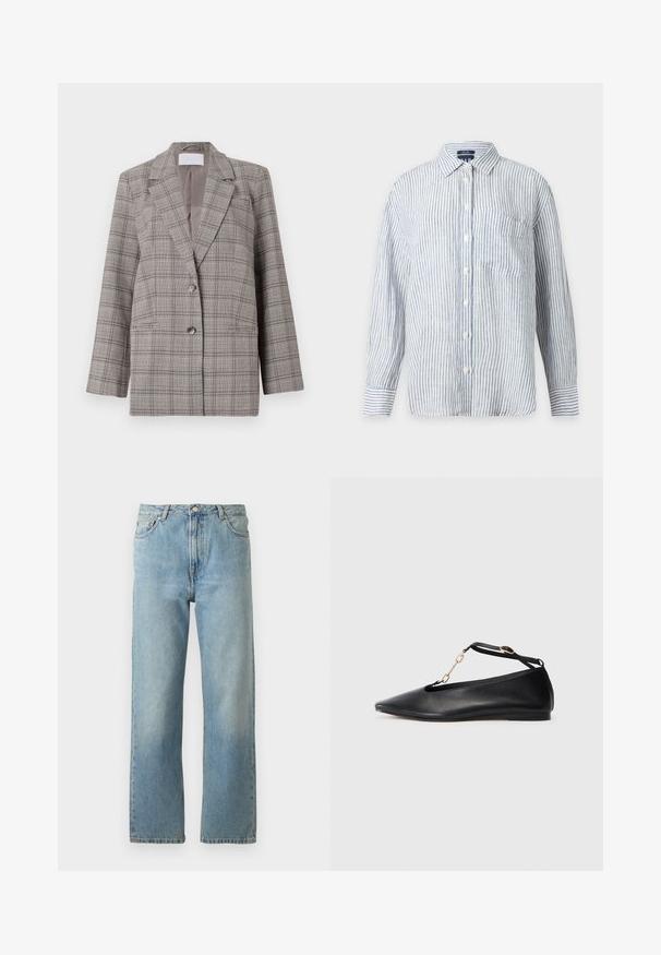 Grau karierter Blazer mit strukturiertem Design, Spitzrevers, doppelter Knopfverschluss und zwei Vordertaschen. Hergestellt aus strukturiertem Stoff.; Langärmeliges Hemd mit weißen und hellblauen vertikalen Streifen, einer Brusttasche vorne und einem klassischen Kragen.; Hellblaue Denim-Jeans mit geradem Bein, ausgestattet mit einem Fünf-Taschen-Stil und einem Knopfverschluss am Bund.; Schwarze Leder-Ballerinas mit spitzem Zehenbereich, Cut-Out-Design, Knöchelriemen und goldener Kettenakzent. Glatte Textur, minimaler Absatz.