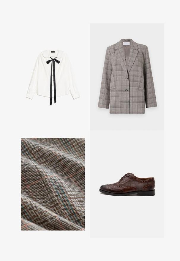 Sivý károvaný blazer so štruktúrovaným dizajnom, špicatými klopami, dvojitým zapínaním a dvoma prednými vreckami. Vyrobený z textúrovanej tkaniny.; Biela blúzka s dlhým rukávom a golierom Peter Pan, čierna saténová mašľa na krku a predné perlové gombíky.; Hnedá a béžová tvídová látka s červenými a modrými károvanými líniami, ukazujúca textúrované tkanie a jemné záhyby.; Hnedá kožená pánska elegantná obuv wingtip so vzorom brogue a károvanými látkovými bočnými panelmi, zobrazená z boku na bielom pozadí.