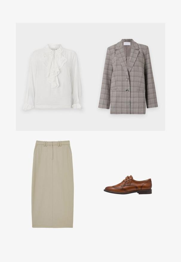 Blazer à carreaux gris avec un design structuré, des revers en pointe, une fermeture à double bouton et deux poches avant. Fabriqué en tissu texturé.; Blouse blanche à manches longues avec des détails froncés à l'avant, col haut et poignets froncés. Fabriquée en tissu léger, offrant une texture douce.; Jupe crayon beige en tissu lisse, dotée de deux poches avant, d'une couture centrale et d'une taille avec deux passants de ceinture horizontaux.; Chaussure Oxford brogue en cuir marron avec détails à bout ailé, perforations, lacets et talon bas empilé sur fond blanc.