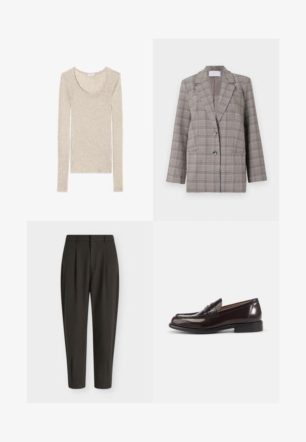 Grau karierter Blazer mit strukturiertem Design, Spitzrevers, doppelter Knopfverschluss und zwei Vordertaschen. Hergestellt aus strukturiertem Stoff.; Langärmliges Oberteil in hellbeige mit Rundhalsausschnitt und weichem, glattem Stoff, entworfen für eine figurbetonte Passform.; Dunkelbraune, maßgeschneiderte Hose mit Gürtelschlaufen, vorderen Falten und einem schlank zulaufenden Bein vor einem schlichten hellen Hintergrund.; Dunkelbrauner, polierter Herren-Pennyloafer aus Leder mit niedrigem Absatz und gesteppten Details auf weißem Hintergrund.