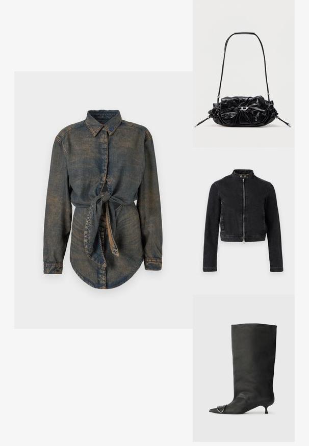 Chaqueta vaquera negra con diseño recortado, cuello alto, cremallera frontal y detalles de botones. Textura suave y estilo minimalista.; Camisa de mezclilla de color azul oscuro con un acabado ligeramente desvanecido. Presenta un cuello puntiagudo, cierre de botones y un detalle anudado en la cintura.; Bota de cuero negra hasta el tobillo con punta afilada, tacón pequeño y detalle metálico en la punta. Textura suave y mate en toda la superficie.; Bolso de mano de cuero negro con diseño fruncido y detalle de lazo en la parte frontal. Cuenta con un asa corta y detalles metálicos en color plata.