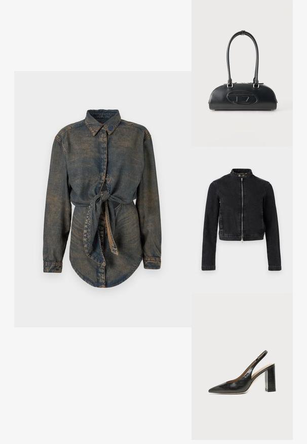 Zwarte spijkerjasje met een cropped ontwerp, opstaande kraag, ritssluiting aan de voorkant en knoopdetails. Soepele textuur en minimalistische stijl.; Denim overhemd in donkerblauw met een licht vervaagde afwerking. Heeft een puntkraag, knoopsluiting en een geknoopt detail bij de taille.; Zwarte leren slingback schoen met spits toelopend neusje, hoge blokhak en beige binnenvoering tegen een effen lichte achtergrond.; Zwarte leren handtas met lange dubbele handvatten en een reliëflogo in ovale vorm aan de voorkant, getoond tegen een effen lichte achtergrond.