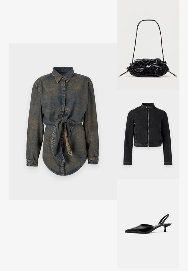 Chaqueta vaquera negra con diseño recortado, cuello alto, cremallera frontal y detalles de botones. Textura suave y estilo minimalista.; Camisa de mezclilla de color azul oscuro con un acabado ligeramente desvanecido. Presenta un cuello puntiagudo, cierre de botones y un detalle anudado en la cintura.; Zapato slingback de tacón bajo tipo kitten en charol negro con puntera puntiaguda y tacón bajo curvado sobre fondo claro y liso.; Bolso de mano de cuero negro con diseño fruncido y detalle de lazo en la parte frontal. Cuenta con un asa corta y detalles metálicos en color plata.