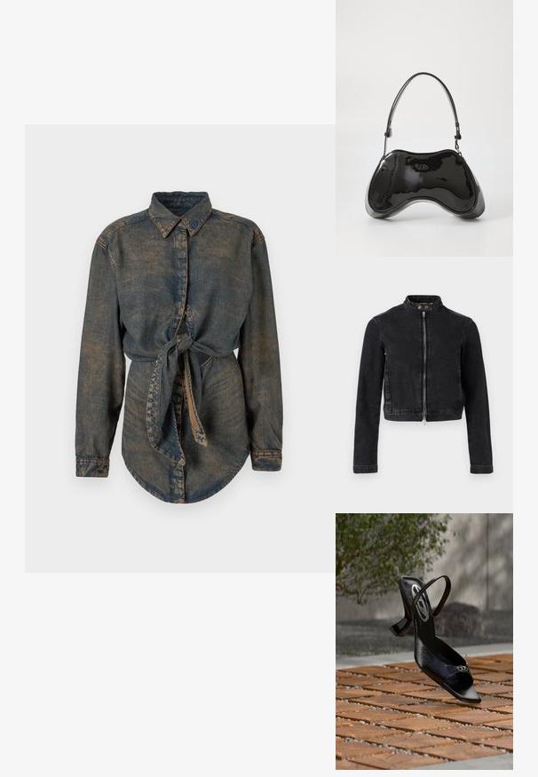 Sort denimjakke med cropped design, ståkrave, frontlynlås og knapdetaljer. Glat tekstur og minimalistisk stil.; Denimskjorte i mørkeblå med en let falmet finish. Har en spids krave, knaplukning og en knyttet detalje i taljen.; Sort højhælet slingback-sko med tekstureret mønster og lille emblem på tåen, svævende over et trægulv udendørs.; Sort patentlæder håndtaske med en unik buet form, kort justerbar hank og en lynlåslukning i toppen. Glat tekstur med diskret branding.
