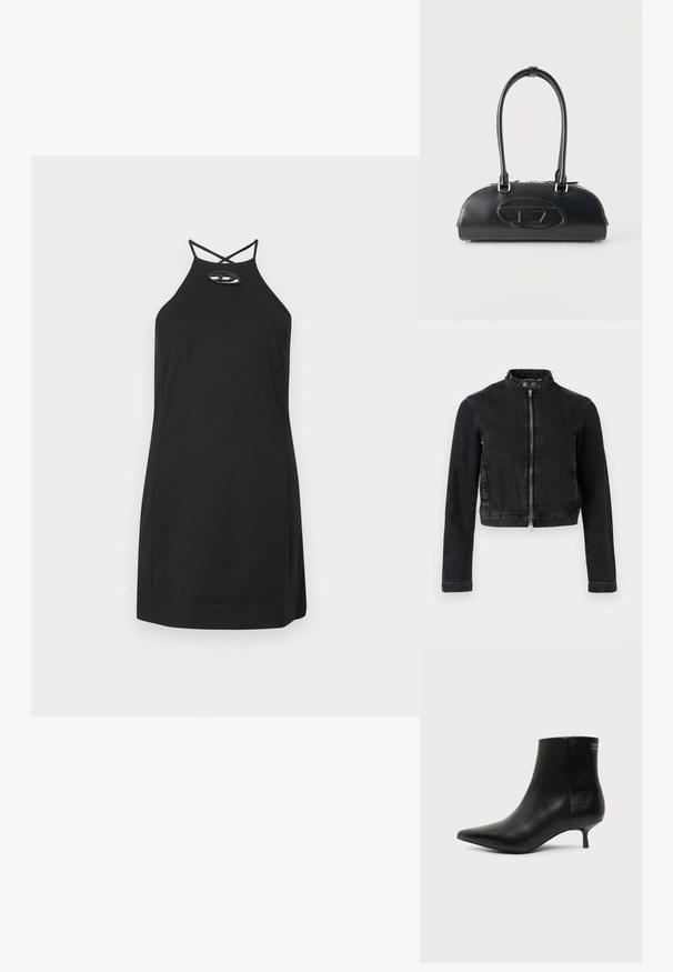 Veste en jean noire avec un design cropped, col montant, fermeture éclair à l'avant et détails à boutons. Texture lisse et style minimaliste.; Robe noire à col halter avec une silhouette ajustée, présentant des bretelles croisées et un détail découpé ovale au niveau de l'encolure. Tissu lisse.; Bottine en cuir noir avec bout pointu et petit talon kitten sur fond clair, vue côté extérieur.; Sac à main en cuir noir avec longues poignées doubles et logo ovale embossé sur le devant, présenté sur un fond clair uni.