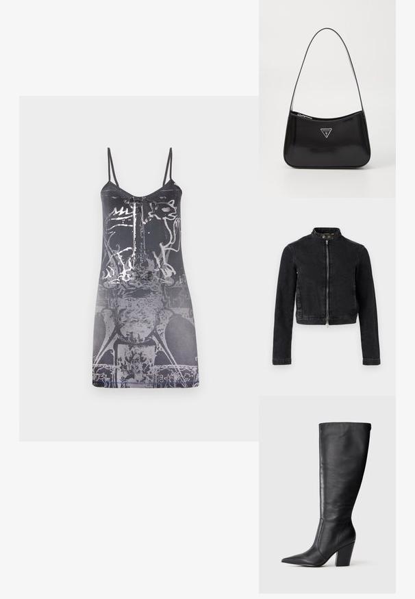 Schwarze Jeansjacke mit kurzem Schnitt, Stehkragen, Frontreißverschluss und Knopfdetails. Glatte Textur und minimalistisches Design.; Schwarzes, ärmelloses Kleid mit dünnen Trägern, das ein hellgraues, abstraktes Grafikmuster und eine glatte Textur aufweist, knielang.; Schwarze kniehohe Lederstiefel mit spitzem Zehen und klobigem hohen Absatz, von der linken Seitenansicht auf weißem Hintergrund gezeigt.; Schwarze patentierte Leder-Schultertasche mit geschwungener Form, ausgestattet mit einem silbernen Dreieckslogo und einem Reißverschluss. Glatte Textur und schmaler Riemen.