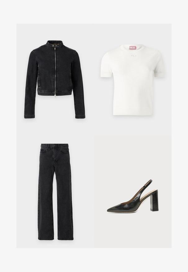 Schwarze Jeansjacke mit kurzem Schnitt, Stehkragen, Frontreißverschluss und Knopfdetails. Glatte Textur und minimalistisches Design.; Weißes kurzärmliges T-Shirt aus weichem Stoff mit rundem Halsausschnitt und einem kleinen silbernen Logodetail auf der Brust. Glatte Textur.; Schwarze Denim-Jeans mit weitem Bein, klassischen fünf Taschenstil, Knopfverschluss und subtiler Waschung.; Schwarzer Leder-Slingback-Schuh mit spitzer Kappe, hohem Blockabsatz und beigegefüttertem Innenraum vor hellem, einfarbigem Hintergrund.