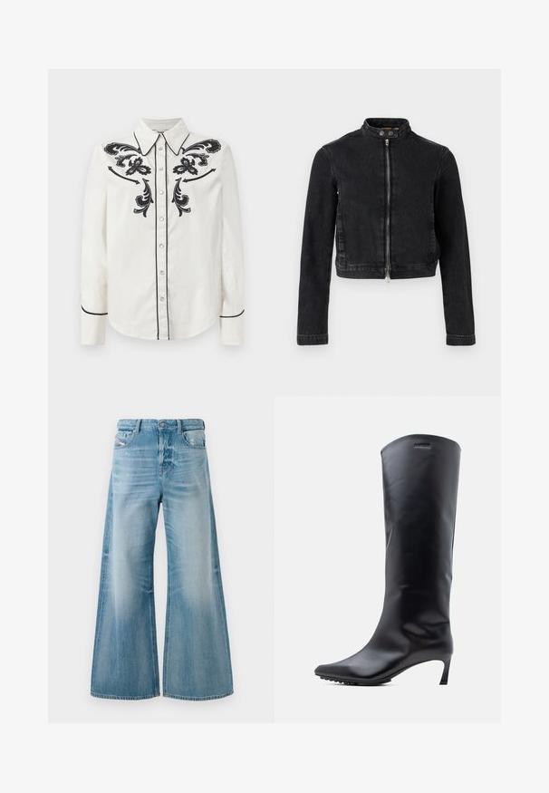 Sort denimjakke med cropped design, ståkrave, frontlynlås og knapdetaljer. Glat tekstur og minimalistisk stil.; Hvid bomulds skjorte med sort blomsterbroderi på brystet, sort piping langs kraven og manchetterne, samt en knaplukning foran.; Lysblå denim jeans med brede ben, let falming og slid på forlommer, knaplukning og bæltestropper.; Knæhøj sort læderstøvle med spids tå og slank, høj hæl. Glat tekstur med minimal hardware og mærkelogo nær toppen.