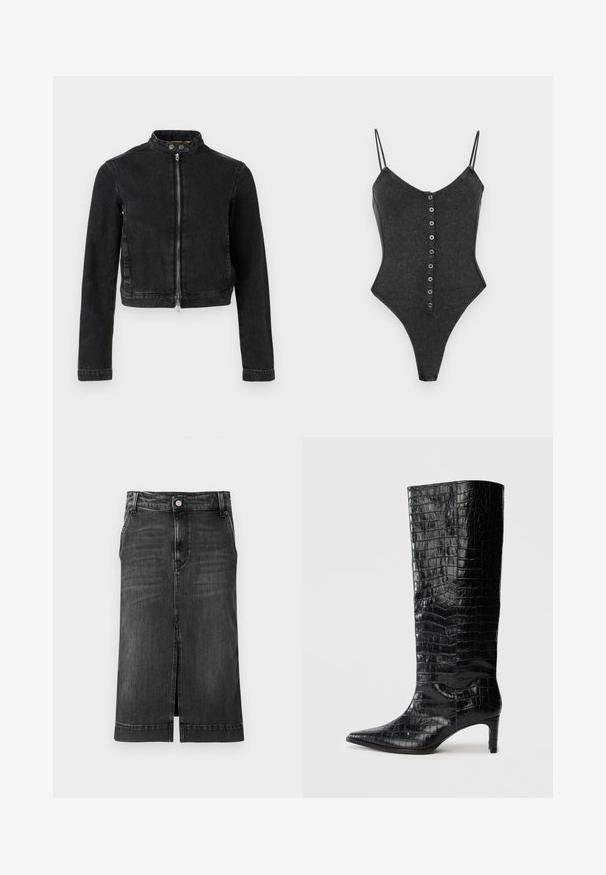 Zwarte spijkerjasje met een cropped ontwerp, opstaande kraag, ritssluiting aan de voorkant en knoopdetails. Soepele textuur en minimalistische stijl.; Zwarte geribbelde bodysuit met dunne schouderbandjes en een rij kleine zwarte knoopjes aan de voorkant, plat neergelegd op een witte achtergrond.; Donkerdenim rok met een rechte snit, knielang, met een split aan de voorkant en een klassiek vijf-pocket ontwerp. Heeft een knoopsluiting en riemlussen.; Zwarte knielaarzen met een glanzende, krokodillenpatroonstructuur, een puntige neus en een taps toelopende hak. Gladde synthetische materiaal.