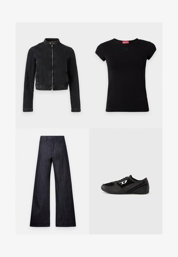 Schwarze Jeansjacke mit kurzem Schnitt, Stehkragen, Frontreißverschluss und Knopfdetails. Glatte Textur und minimalistisches Design.; Schwarzes kurzärmeliges T-Shirt aus Baumwolle. Verfügt über einen runden Halsausschnitt und ein kleines geprägtes Logo auf der Vorderseite. Glatte Textur.; Weite dunkelblaue Jeans mit glatter Textur, traditionellem Fünf-Taschen-Design und einem dezenten Glanz, ausgestattet mit einem Knopfverschluss.; Schwarze Sportschuhe mit Obermaterial aus Wildleder und Synthetik, mit strukturiertem Design, rundlicher Zehenpartie und flacher Sohle. Silbernes Logo-Detail an der Seite.
