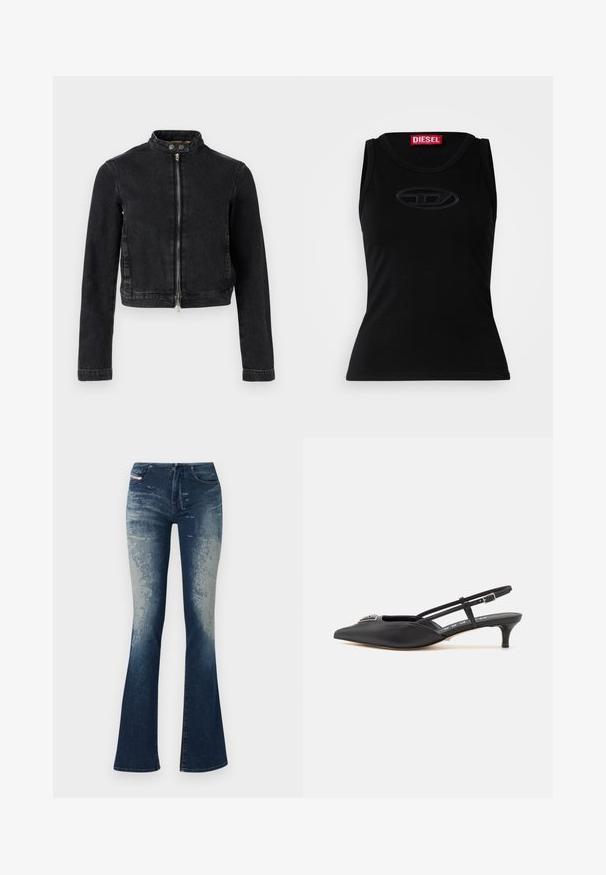 Veste en jean noire avec un design cropped, col montant, fermeture éclair à l'avant et détails à boutons. Texture lisse et style minimaliste.; Débardeur sans manches noir en coton doux, avec un logo en relief subtil au centre et une étiquette de marque rouge dans le col.; Jean en denim évasé avec un bleu foncé délavé, surface texturée et fermeture éclair. Design à cinq poches avec étiquette de marque.; Chaussures noires à talon slingback avec un bout pointu, en matériau lisse, dotées d'un petit talon et d'un accent décoratif en argent sur le dessus.