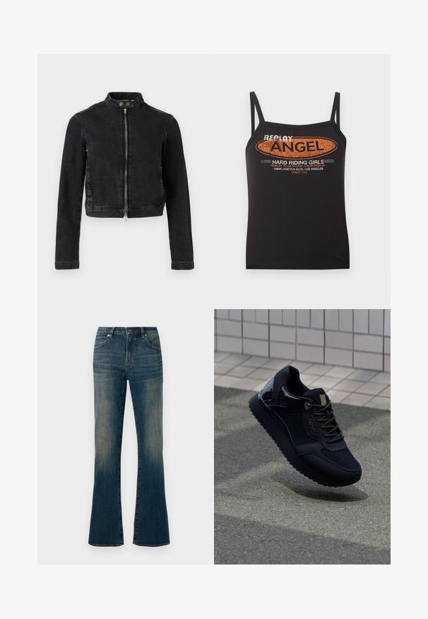 Zwarte spijkerjasje met een cropped ontwerp, opstaande kraag, ritssluiting aan de voorkant en knoopdetails. Soepele textuur en minimalistische stijl.; Zwarte tanktop met spaghetti bandjes en oranje-witte tekst "Replay Angel Hard Riding Girls" plus een print met adres van Los Angeles aan de voorkant.; Uitlopende blauwe denim jeans met een licht vervaagde afwerking, vijf zakken, knoopsluiting en gestikte details langs de naden.; Zwarte sneaker met een bovenwerk van mesh, glanzende accenten, gouden hardware, een gestructureerde zool en een gewatteerde kraag voor comfort.
