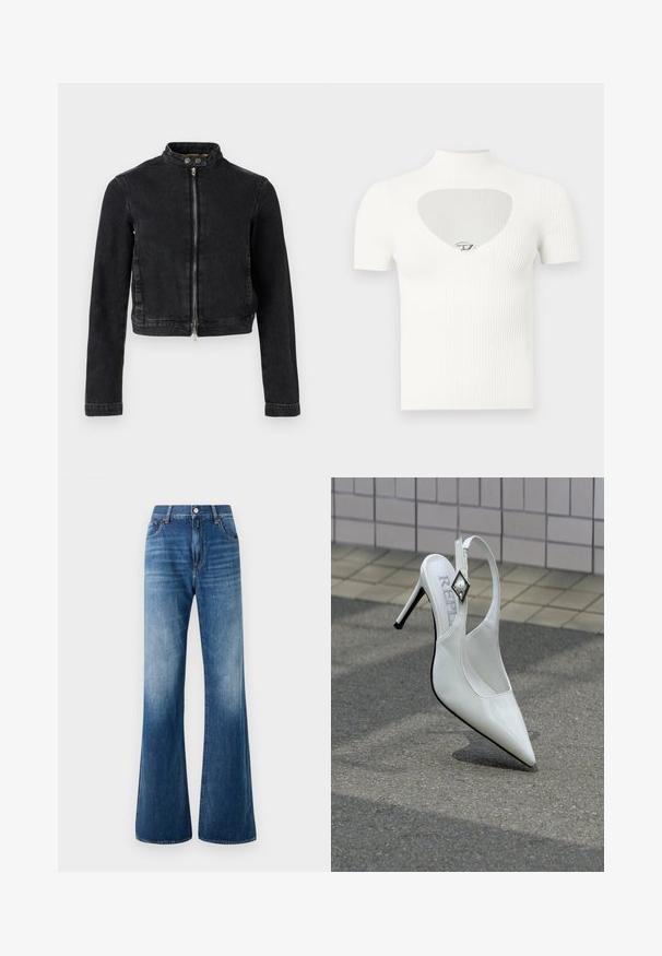 Schwarze Jeansjacke mit kurzem Schnitt, Stehkragen, Frontreißverschluss und Knopfdetails. Glatte Textur und minimalistisches Design.; Weißes, geripptes Kurzarmshirt mit Stehkragen und herzförmigem Ausschnitt an der Brust, mit einem silbernen Akzentdetail in der Mitte.; Ausgestellte blaue Jeans aus Denim mit ausgewaschenem Look, fünf Taschen, Gürtelschlaufen und Knopfverschluss vorne. Glatte Textur und klassischer Schnitt.; Weißer High-Heel mit spitzer Kappe, Slingback-Design und metallischem Diamant-Akzent am Riemen. Glänzendes Lackleder-Finish.