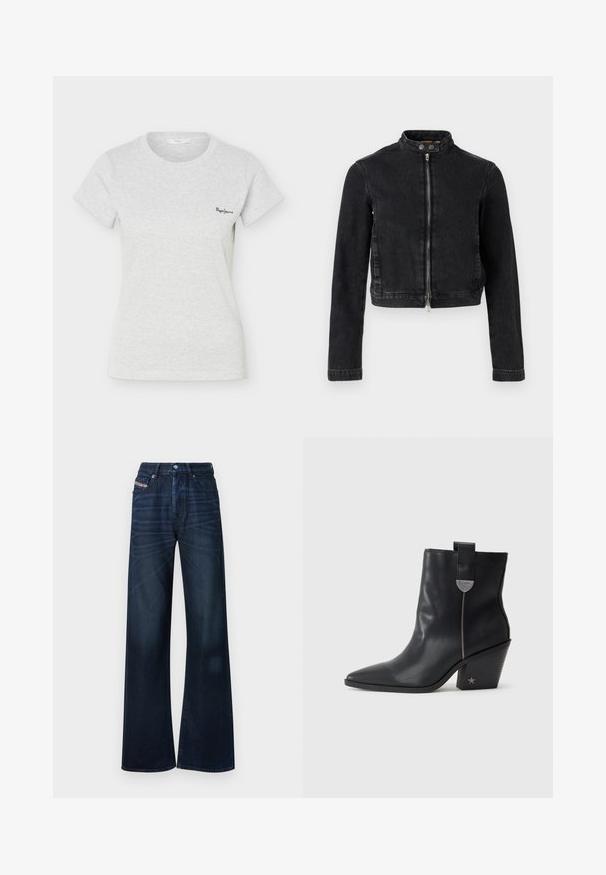 Schwarze Jeansjacke mit kurzem Schnitt, Stehkragen, Frontreißverschluss und Knopfdetails. Glatte Textur und minimalistisches Design.; Hellgraues, kurzärmeliges, geripptes T-Shirt mit Rundhalsausschnitt und kleinem schwarzem "Pepe Jeans"-Logo auf der linken Brust.; Dunkelblaue Jeans mit weitem Bein aus Denim. Verfügt über einen Knopfverschluss, ein Fünf-Taschen-Design und dezentes Verblassen auf der Vorderseite.; Pepe Jeans GINA CITIES - Cowboy-/Bikerstiefelette - black